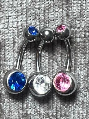 New 3pc Blue Pink Silver Crystal Diamond Double Gem Bellybutton Navel Body Rings